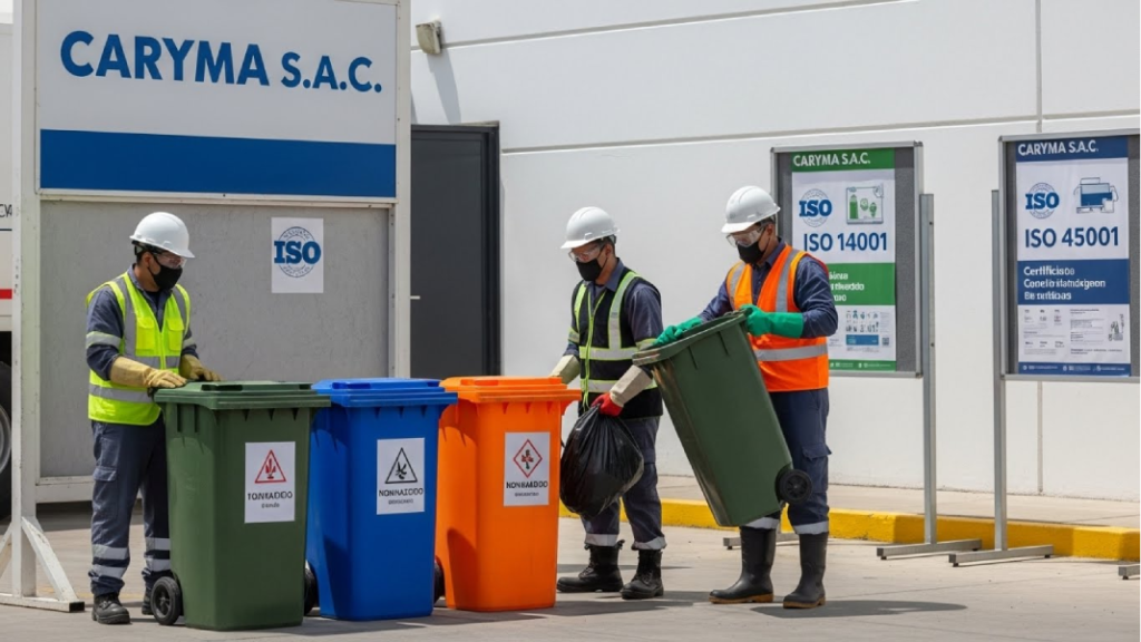 Personal de Caryma operando en estación de reciclaje con señalética de certificaciones ISO 14001 e ISO 45001 visibles al fondo.