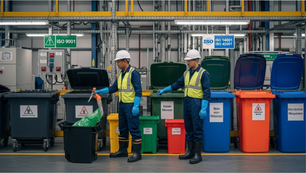 Personal técnico de Caryma con EPP reglamentario realizando la segregación de residuos industriales en estación certificada con ISO 9001 e ISO 14001.