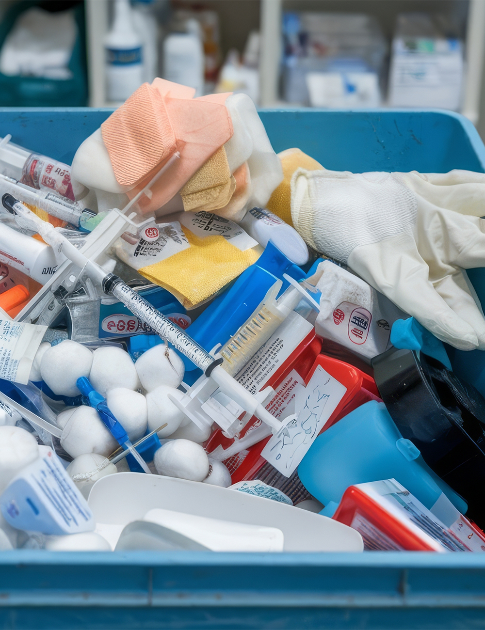Contenedor con residuos farmacéuticos, jeringas y empaques de medicamentos para su disposición final segura por Caryma.