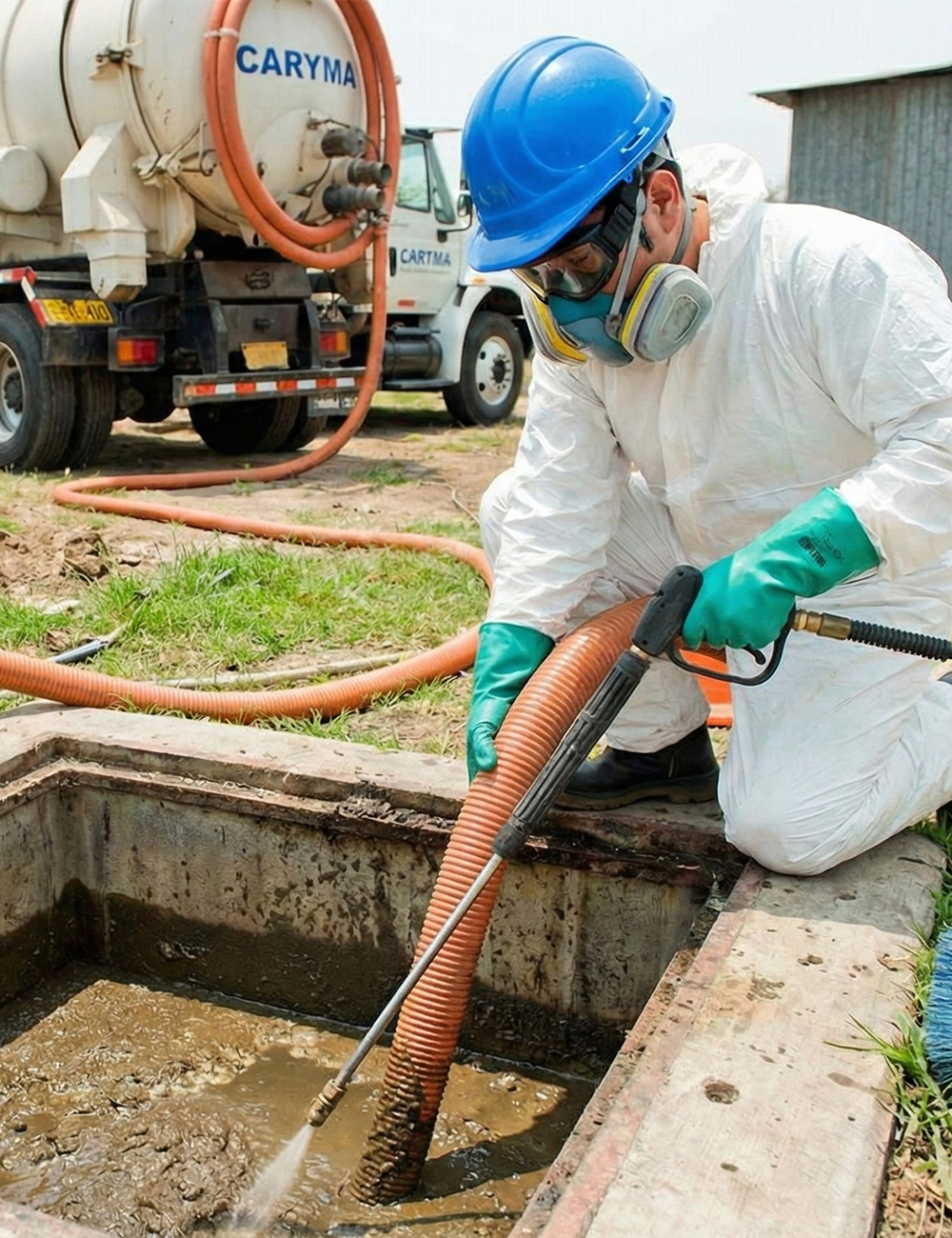 Técnico de Caryma con traje Tyvek y respirador utilizando manguera de succión e hidrojet para la limpieza de una poza de lodos.