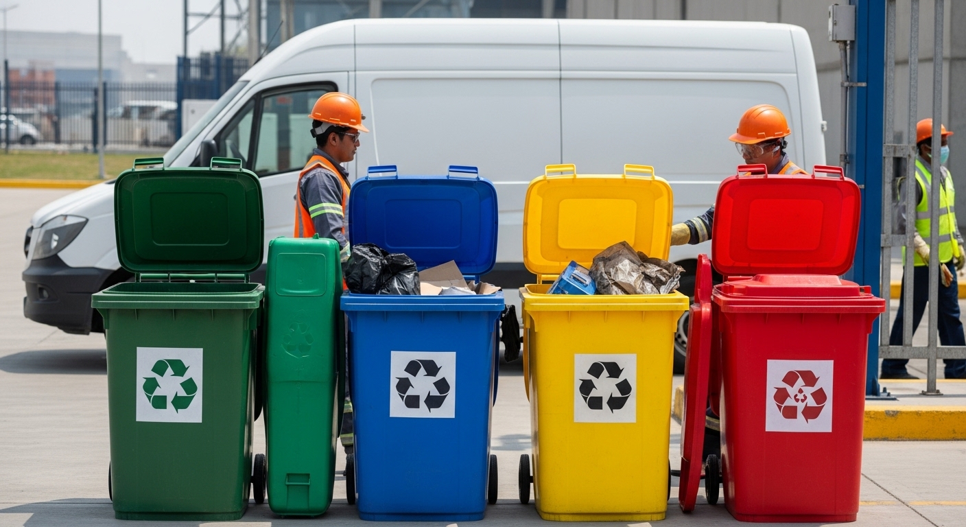 Personal técnico de Caryma realizando la segregación de residuos industriales en tachos de colores (verde, azul, amarillo y rojo) junto a flota de transporte.