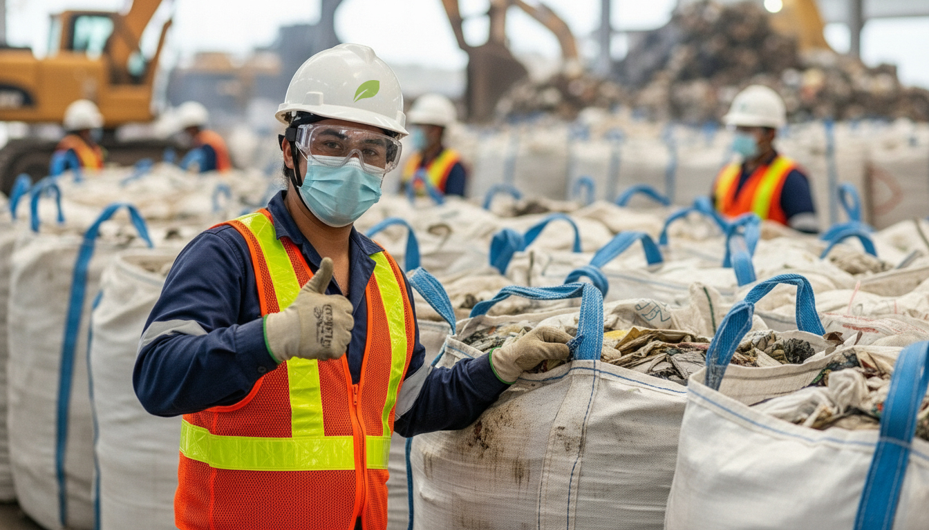 Colaborador de Caryma con EPP completo (casco, lentes, mascarilla) realizando señal de conformidad frente a sacos Big Bags de residuos valorizables.