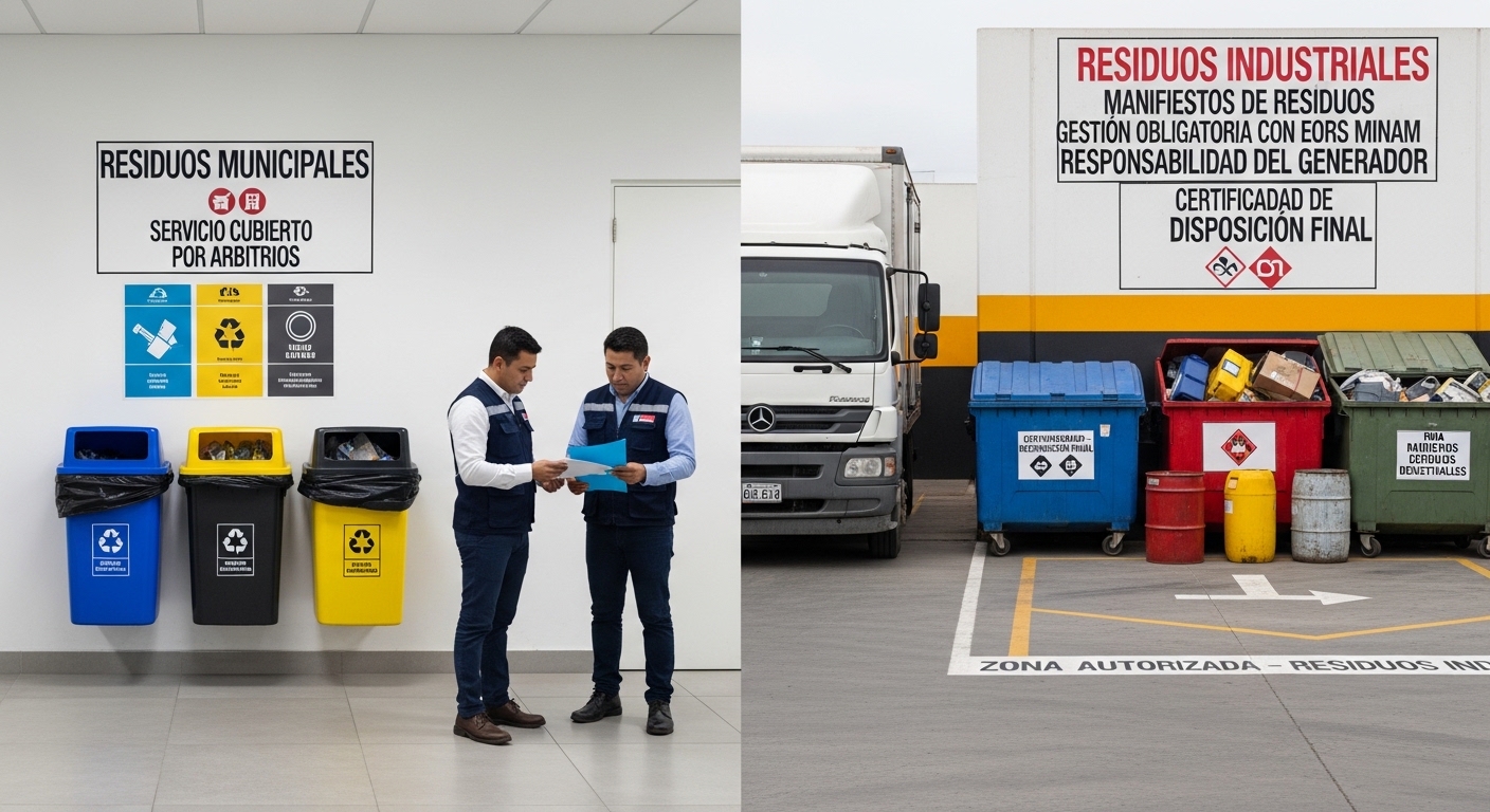 Infografía comparativa de gestión de residuos: segregación de residuos municipales vs. zona de carga de residuos industriales con EO-RS Caryma.