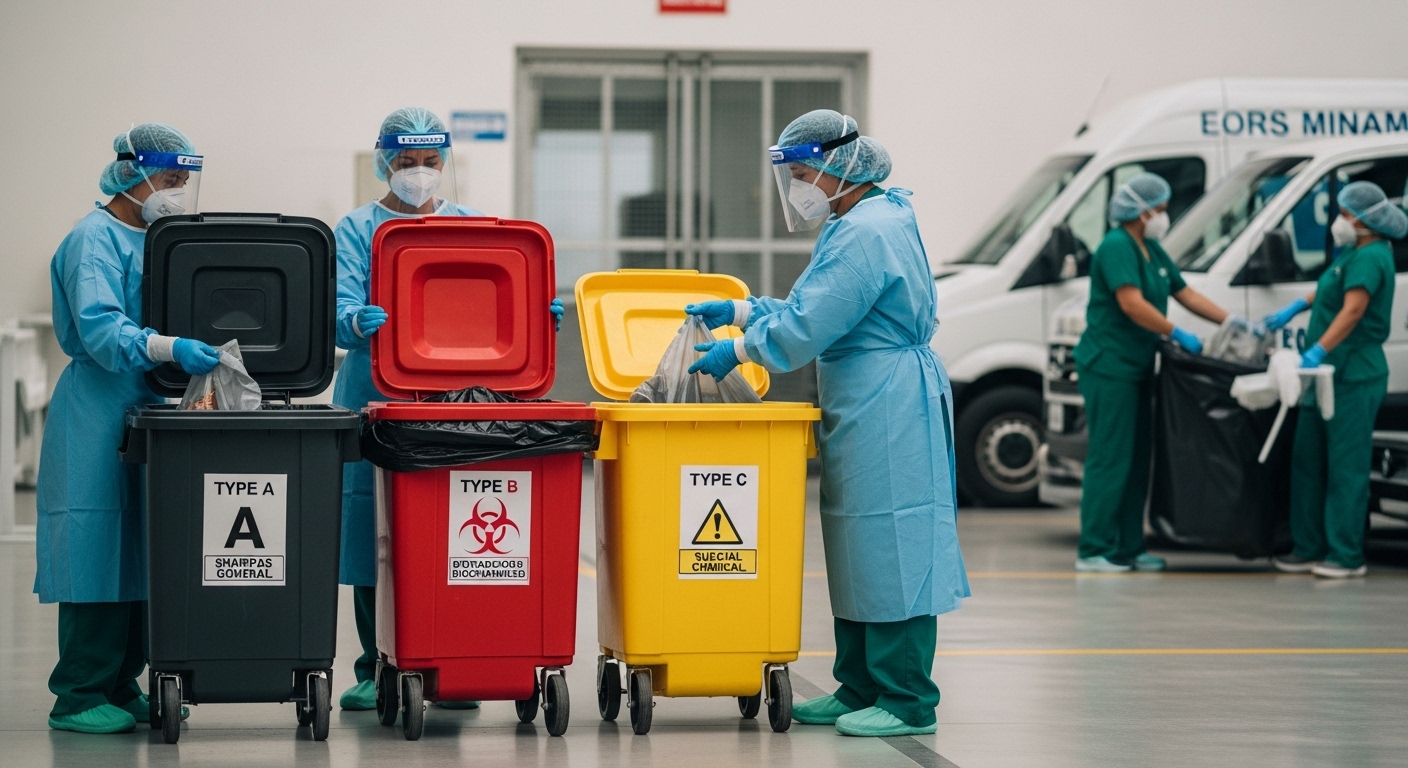 Personal de salud con EPP completo realizando la segregación de residuos hospitalarios en contenedores de Tipo A, B y C.