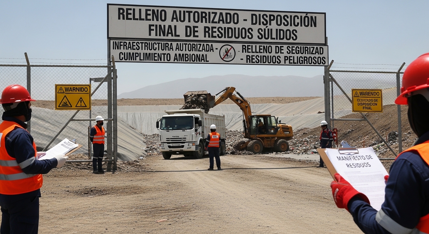 Operación de descarga de residuos sólidos en un relleno sanitario autorizado con personal de Caryma supervisando el manifiesto de residuos peligrosos.