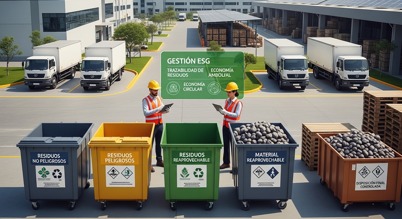 Planta industrial con flota de camiones y contenedores de gestión ESG, economía circular y trazabilidad de residuos sólidos.