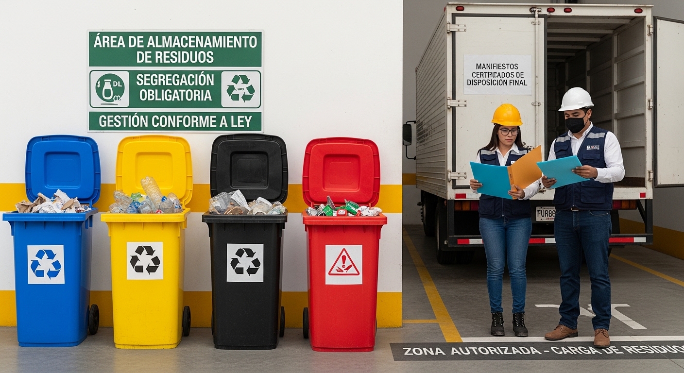 Especialistas de Caryma supervisando la carga de residuos sólidos en zona autorizada junto a estación de segregación de colores.