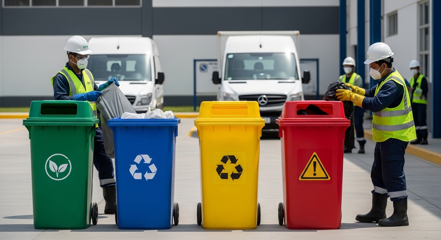 Especialistas en gestión de residuos industriales realizando la segregación por colores en contenedores: orgánicos (verde), reciclables (azul/amarillo) y peligrosos (rojo).
