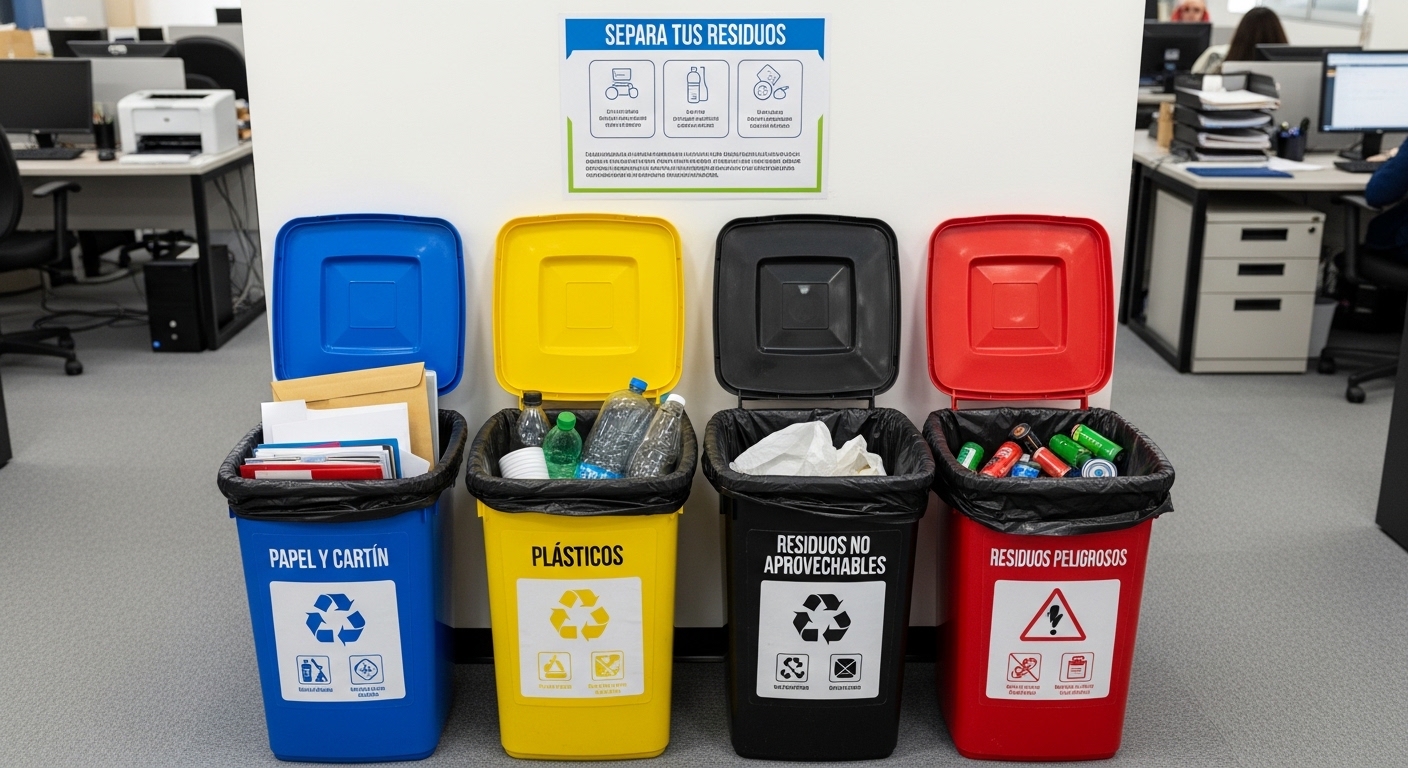 Estación de reciclaje en oficina con tachos de colores para papel y cartón (azul), plásticos (amarillo), no aprovechables (negro) y residuos peligrosos (rojo).