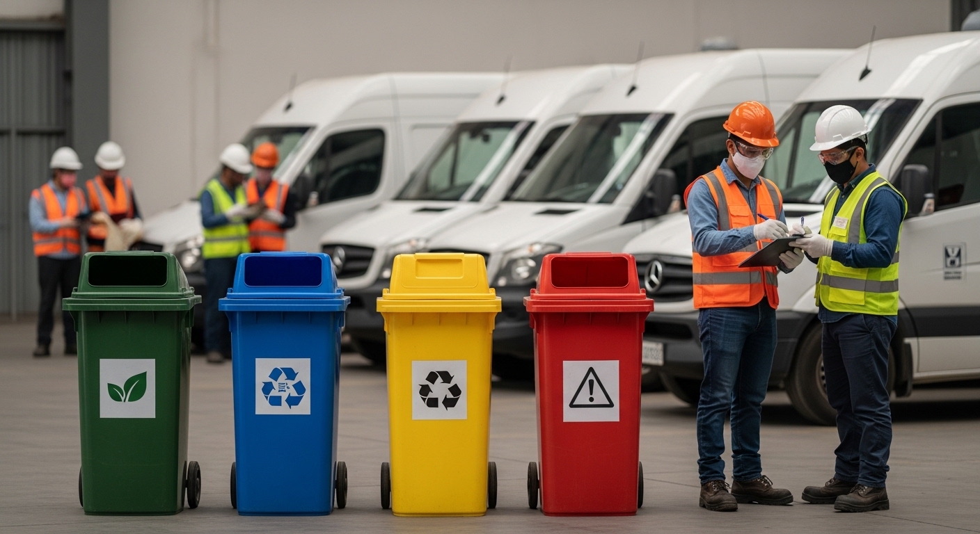 Especialistas de Caryma supervisando la carga de residuos industriales junto a una estación de segregación por colores (tachos verde, azul, amarillo y rojo).