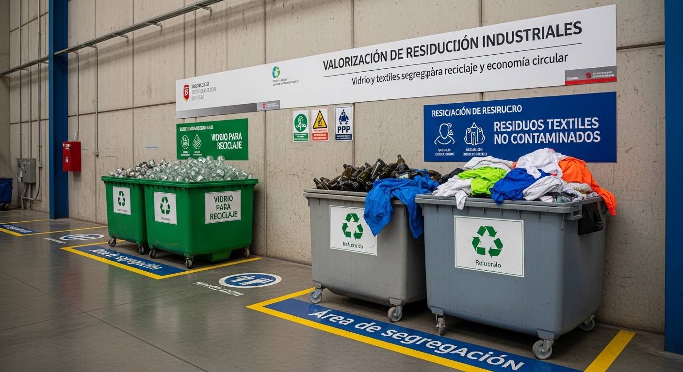 Estación de valorización de residuos industriales con contenedores para reciclaje de vidrio y textiles no contaminados en planta.