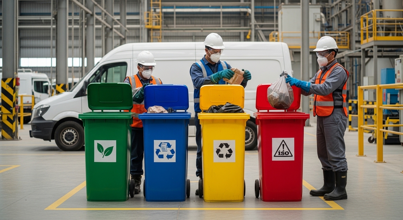 Especialistas en gestión de residuos industriales realizando la segregación por colores en contenedores: orgánicos (verde), reciclables (azul/amarillo) y peligrosos (rojo).