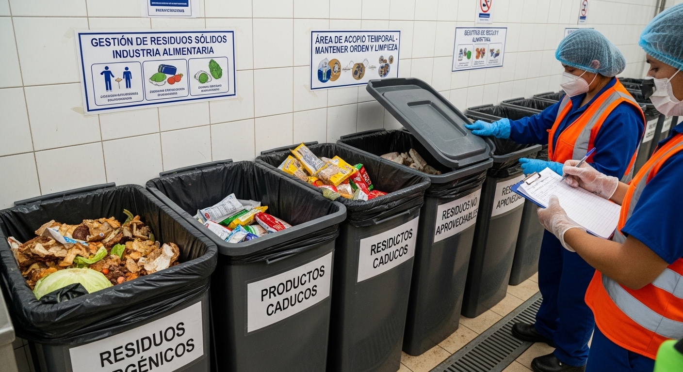 Personal técnico supervisando la gestión de residuos sólidos en la industria alimentaria con tachos rotulados para residuos orgánicos, productos caducos y no aprovechables.