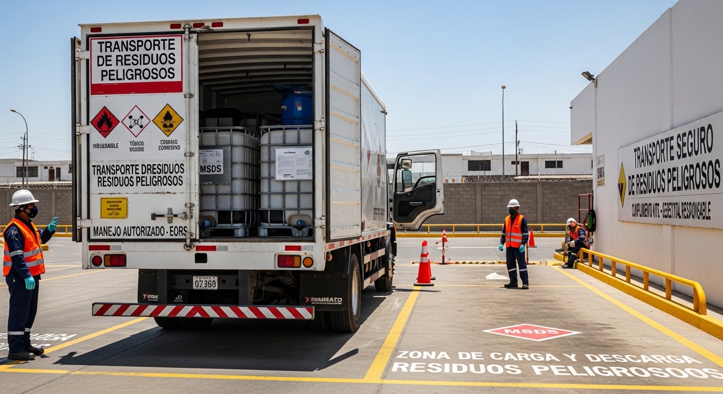 Camión de Caryma cargado con contenedores IBC para el transporte de residuos peligrosos en una zona de carga y descarga señalizada.