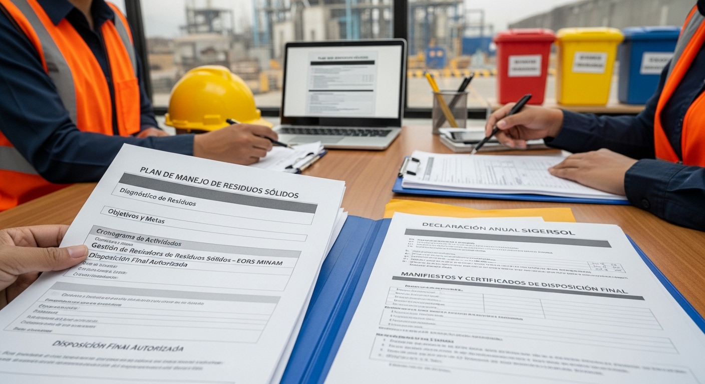 Plan de manejo de residuos sólidos, declaración anual SIGERSOL y manifiestos de disposición final sobre una mesa de trabajo con ingenieros.