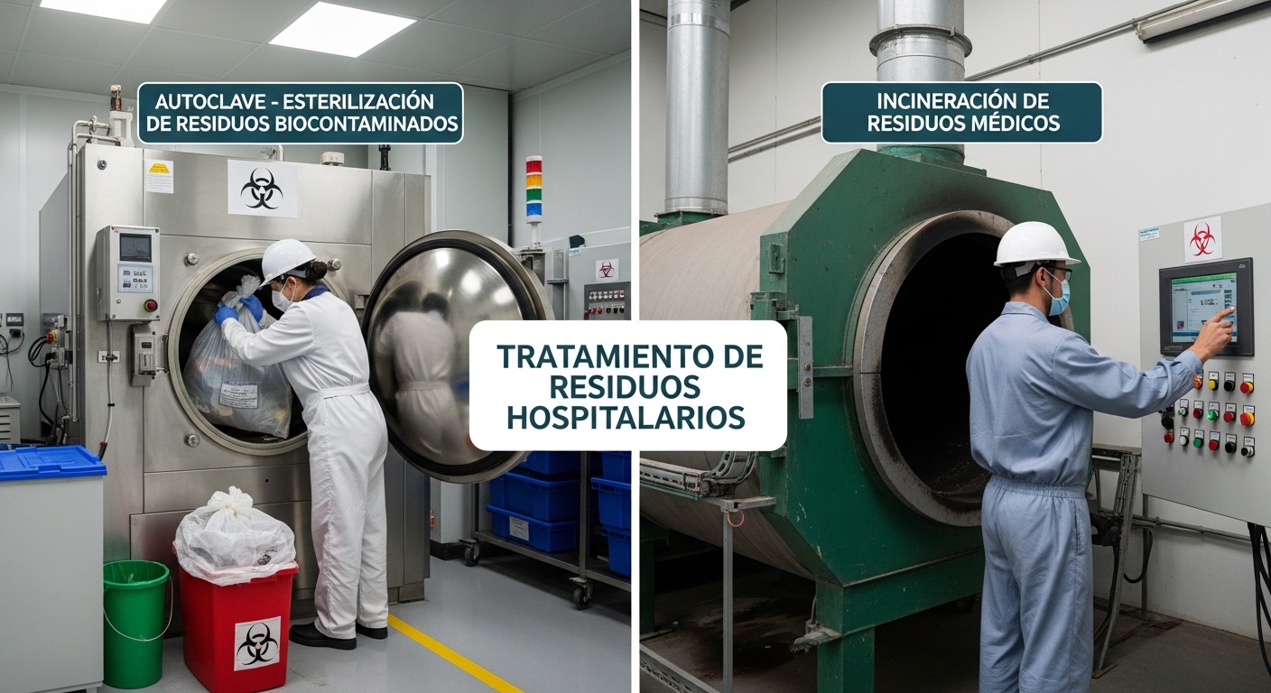 Tratamiento de residuos hospitalarios mediante autoclave e incineración en planta especializada de gestión de residuos biocontaminados